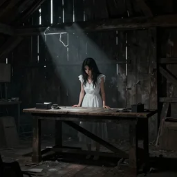 style : disco elysium. composition : medium shot. style : digital art ; detailed ; menacing ; 4 k. scenery : the inside of a dark barn ; a faint ray of light is shining through a crack in the planks. subject : a young woman ; dark hair ; wearing a white dress. action : the woman is hiding behind a workbench.