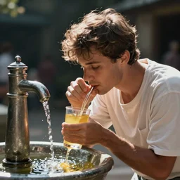 “ a man drinking from a water fountain filled with urine. ”
