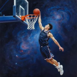 cosmic basketball player dunking a basketball hoop in a nebula, an oil painting, by ( leonardo da vinci ) and greg rutkowski and rafal olbinski, award - winning magazine cover