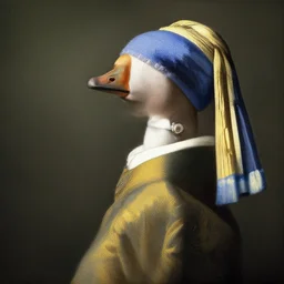 a goose wearing intrincate clothes, by vermeer