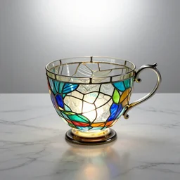Translucent, illuminated intricate stained glass teacup by Louis Comfort Tiffany, bright overhead lighting, marble tabletop