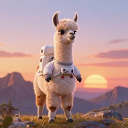 llama as an astronaut, sunset, mountain, by disney pixar, highly detailed, trending on artstation