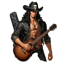 illustration of a handsome!! man with long black curly hair + tan skin + anchor goatee, guitar in black leather case | wearing a cowboy hat with a skull emblem | art by hirohiko araki & jean giraud & artgerm & jack kirby | artstation, character design, concept art, full body, digital painting | intricate, high detail, smooth, sharp focus