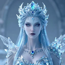Photorealistic render of Malevolent Ice Queen with round ice crystals on forehead in the style of Artstation, 4k Unreal Engine, reflective