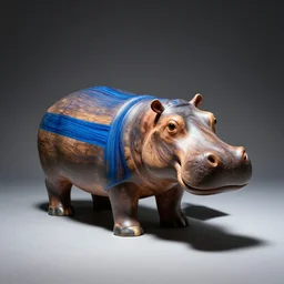 studio zeiss 1 5 0 mm f 2. 8 hasselblad, award - winning photo, a photo of a model hippo made of repurposed elm wood composite mixed with straight lines blue epoxy resin, dramatic lighting