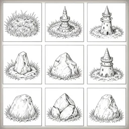 grass, ground, rock, wizard's tower, etc, 3 x 3 grid of 9 individual tiles from tileset, lineart