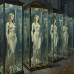 a row of glass cases with a goddess inside of it, oil on canvas concept art by giger, gerald brom and greg rutkowski, deviantart, pop surrealism, hall of mirrors, concept art, lovecraftian