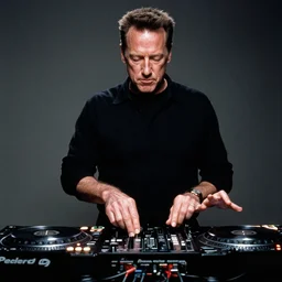 arnold schwarzenegger terminator DJing with DJ turntables, photoreal