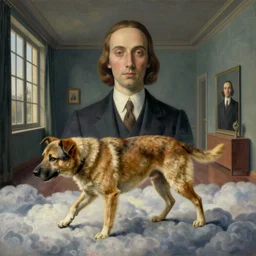 surrealist dog without head walking on the clouds, avant garde post - morden monumental dynamic interior portrait by magritte and edward hopper, illusion surreal art, highly conceptual figurative art, intricate detailed illustration, controversial poster art, by magritte,