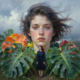 closeup, giant flowers head, girl standing between monsteras, surreal photography, wind and cold, dramatic sky, impressionist painting, digital painting, artstation, simon stalenhag