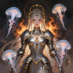 alchemy imperial princess knight gothic girl. intricate, centered, amazing composition by amano yoshitaka, by rembrandt, illustrious makinami, digital art, digital painting, artstation trending, unreal engine, fractal flame, transparent jellyfish