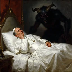the pope wakes up is his bed, sweating, nervous, terrified, because a double horned shadow demon lurks in the papal bedroom. highly detailed painting by gaston bussiere, j. c. leyendecker, greg rutkowski, craig mullins 8 k