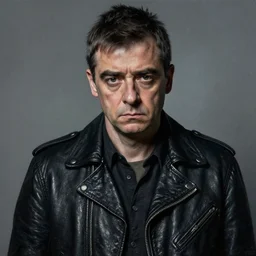 portrait of rowan atkinson, very serious, gritty, dark, wearing a black leather jacket hyperrealistic, very detailed painting by Glenn Fabry, by Joao Ruas, by Artgerm