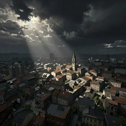 the city of revachol from the video game disco elysium, sky covered with deep black clouds but some sunshine escapes from the gaps in the cloud, which illuminates some parts of the old city ; isometric view.