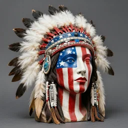 a beautiful portrait sculpture designed by Sandra Chevrier, native american headdress, American stars and stripes on face, by Annie Leibovitz