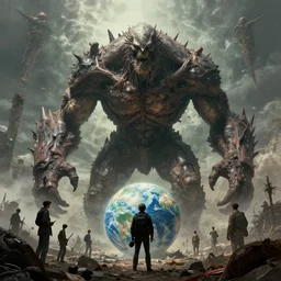 fractal of the last survivors on earth witness the end of the world, big titan creature apocalypse scene, by giger and vladimir kush