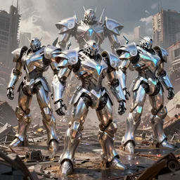 squad of giant robots, shining - prismatic silver armor, on battlefield, ruined city environment, render, ray tracing, chromatic aberration, jakub rozalski art style, artstation,