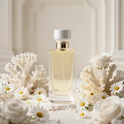 perfume bottle standing in white enchanted coral garden of daisies, roses in an ivory room well contoured smooth fair walls, up close shot, sharp focus, global illumination, radiant light, zaha hadid octane highly render, 4 k, ultra hd,