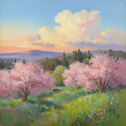 an extraordinarily beautiful oil painting of a landscape in spring during sunrise ; the most beautiful painting in the world ; by makoto shinkai