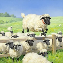 electric sheep jumping over a fence, extremely detailed painting by hajime sorayama