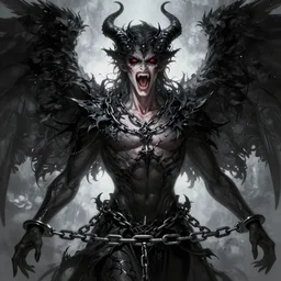 lucifer, dark angel, demon, satan, red eyes, chain, handcuffs, large chain, wide open mouth, scream, cruelty, light effect, hyper detailed, intricate, elegant, highly detailed, digital painting, artstation, concept art, matte, sharp focus, illustration, by dan mumford, yusuke murata, makoto shinkai, ross tran