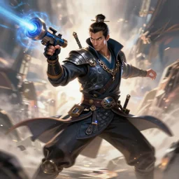 A sorcerer wielding a futuristic weapon, digital apex legends illustration portrait, gorgeous lighting, wide angle action dynamic portrait, perspective shot, art by Sam Spratt-H 640