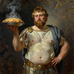 beautiful oil painting portrait of hefty ethan van sciver as an ancient roman god holding up a steaming pie with one arm, art by anders zorn, wonderful masterpiece by greg rutkowski, expressive brush strokes, beautiful cinematic light, american romanticism by greg manchess, jessica rossier, wlop, artgerm, featured on artstation, cgsociety, award winning