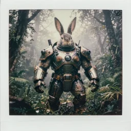 low contrast! by military archive!! full shot!!!!! big chest!! rabbit armored sci - fi hulked oversized rabbit barbarian, fog, in deep jungle forest jungle, overcast!!! cinematic focus, polaroid photo, vintage, neutral colors, faded colors!! very soft lights, big overcast, very foggy, full shot by steve hanks, by serov valentin, by lisa yuskavage, by andrei tarkovsky