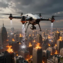 army of drones scooping water on a big city in flames, digital art, artstation, octane render, unreal engine, concept art