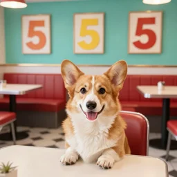 corgi in 5 0's themed diner