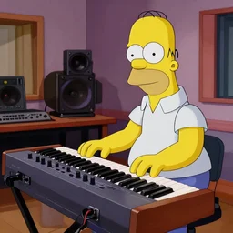 accurate source style, homer simpson playing on an analog synthesizer in a recording studio