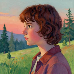 beautiful side portrait of Eleven from Stranger things in a scenic!!! Environment by martine johanna, artstation winner,lines ,figurativism!, portrait,