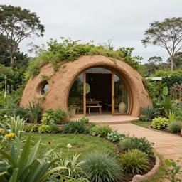 beautiful overgrown Earthship home made from clay cob with permaculture garden