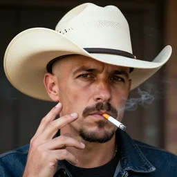 bald man with a goatee, with the middle of his mustache shaved, wearing a usa cowboy hat, smoking a cigarette