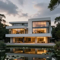 a luxurious house, brutalist architecture, ( le corbusier ), glass windows, glowing lights, trees, pond with waterlilies, daytime, cloudy sky, sunset, epic lighting, subtle colors, concept art, detailed illustration, centered, hd, 4 k, photorealistic, digital art, greg rutkowski, dan mumford, ruan jia, trending on artstation