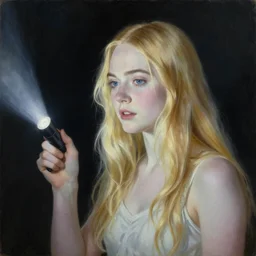 Painting of Elle Fanning shining a flashlight, long blonde hair, delicate, pale milky white porcelain skin, very dark night, by Edward Hopper. 8K. Extremely detailed.