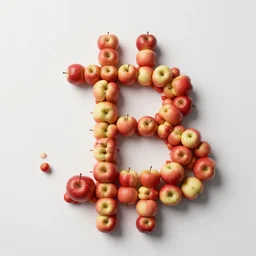 real small apples arranged into giant bitcoin logo, real photo, top down view