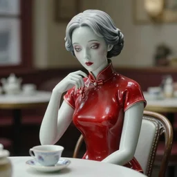 movie still of a beautiful woman made out of porcelain sitting at a table in a cafe, wearing a red cheongsam, smooth white skin, creepy, single tea cup in foreground, directed by Guillermo Del Toro