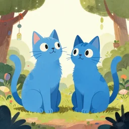 a storybook illustration of a pair of blue cats, solarpunk,