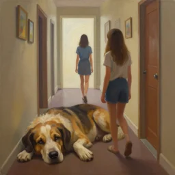 a painting of a girl walking in a hallway and finds a giant dog sleeping on the floor blocking her way, artstation