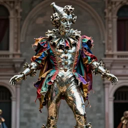 statue of crippy sadic pierrot, sculpture with metallic polished surface, dressed with a colorful wrapped torn silk cloak, made by bernini, antonio corradini, dug stanat, kris kuksi, lois greenfield, macabre art, dark surrealism, freak circus, commedia dell'arte, hipa awards photography, texturized, detailed, venezian carnival