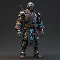 full body portrait of an industrial punk robot with kanji tattoos and decals wearing a digital pixelated kimono, intricate design, photo - realistic, octane render, dark colour palette, ultra fine detailed, character design, trending on artstation
