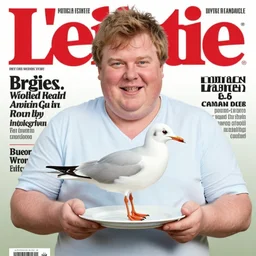 magazine cover of fat british man holding a seagull on a plate