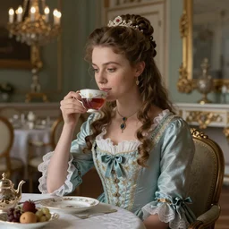 Young victorian princess drinking tea on the royal palace dining room. By Konstantin Razumov, highly detailded