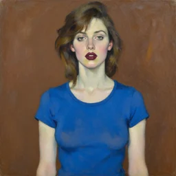 expressive medium shot portrait of a pale sexy young 8 0 s model busty woman with tomboy brown hair, big maroon lips, wearing a blue tight tshirt, brown background, oil painting, impasto, muted colors, artwork by lucian freud, arnold bocklin, luc tuymans