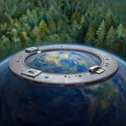 intergalactic stargate portal on a planet with a forest in the background by thomas kinkaid