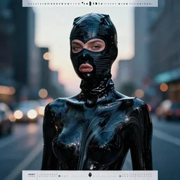 beautiful female body silhouette, beautiful acrylic fluid portrait, photography by amy leibowitz and filip fedorov, tech noveau, code, black latex female balaclava, female calendar, body painted with black fluid, urban city photography, close up portrait, cinematic still, film still, magic hour, dark mood, fashion portrait, cold colors, sony, kodak, long exposure, bokeh
