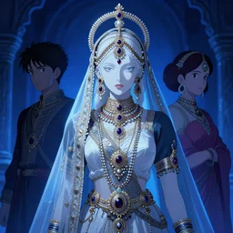 white hindu woman wearing intricate hindu accessories and clothes fasion by ilya kuvshinov and anna dittmann and studio ghibli and wlop and rossdraws, digital art, blue lighting, trending on artstation, anime arts, featured on pixiv, blue lighting, hd, 8 k, highly detailed, good lighting, beautiful, epic, masterpiece