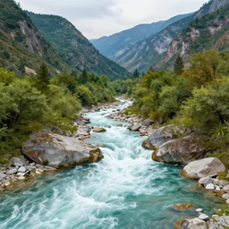 a river flowing between mountains, ultrafine highly detailed hyper colorful illustration, sharp focus, unreal engine highly rendered, global illumination, radiant light, subtle light fog, intricate and detailed environment