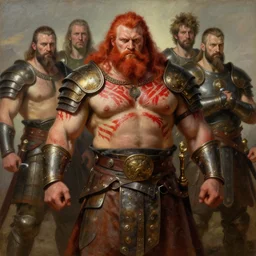 bulky muscular scottish warrior with red hair and a kilt, tribal blood red war paintings on his chest, bronze plate armor, 4 k oil on linen by wlop, artgerm, andrei riabovitchev, nuri iyem, james gurney, james jean, greg rutkowski, highly detailed, soft lighting 8 k resolution